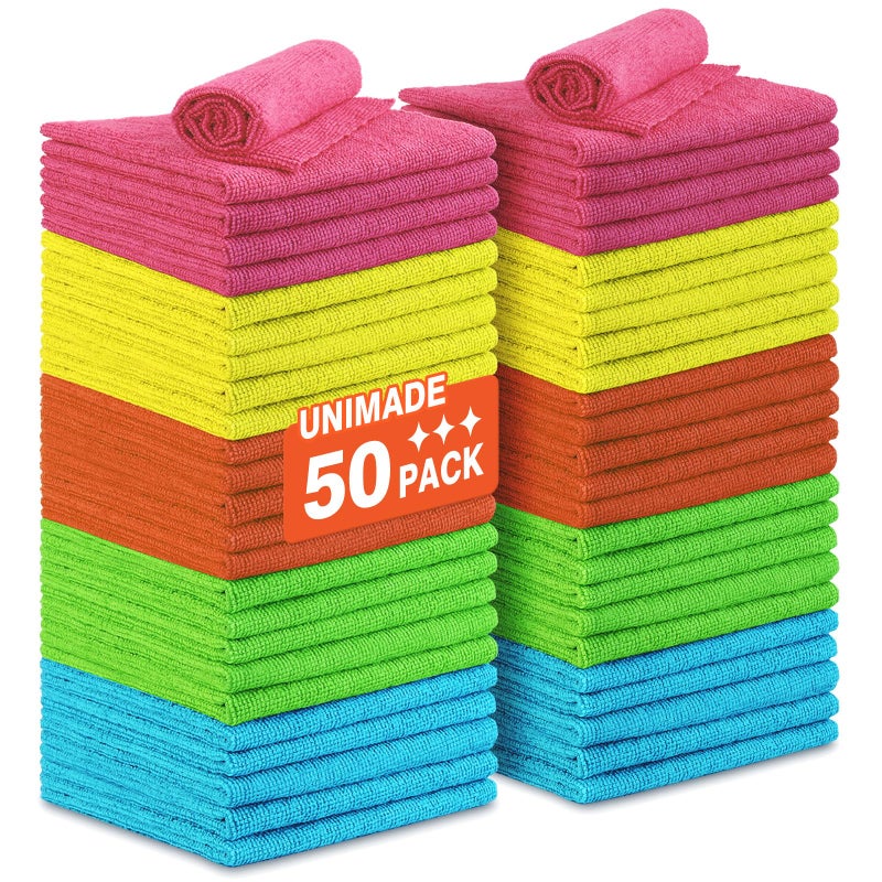 منشفة تنظيف ميكروفايبر UNIMADE 50PK قطع قماش قابلة لإعادة الاستخدام بالجملة منشفة تنظيف ميكروفايبر خالية من الوبر لسيارة مطبخ سيارات بار ميكانيكي مطعم كراج 115x115 متعددة الألوان